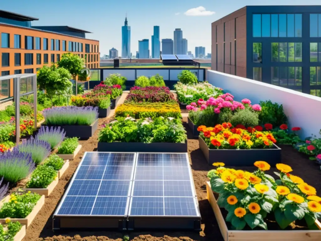 Jardín en la azotea de la ciudad con integración de energías renovables en agricultura urbana, abejas y flores