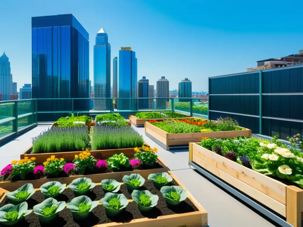 Un jardín en la azotea de una ciudad moderna y vibrante, donde convive la sostenible agricultura urbana con el desarrollo urbano