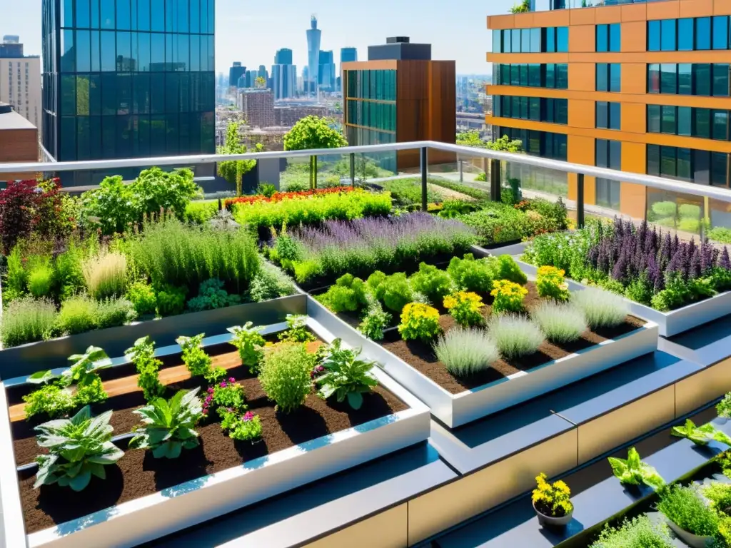 Jardín en la azotea de la ciudad, con plantas verdes, paneles solares y agricultura urbana