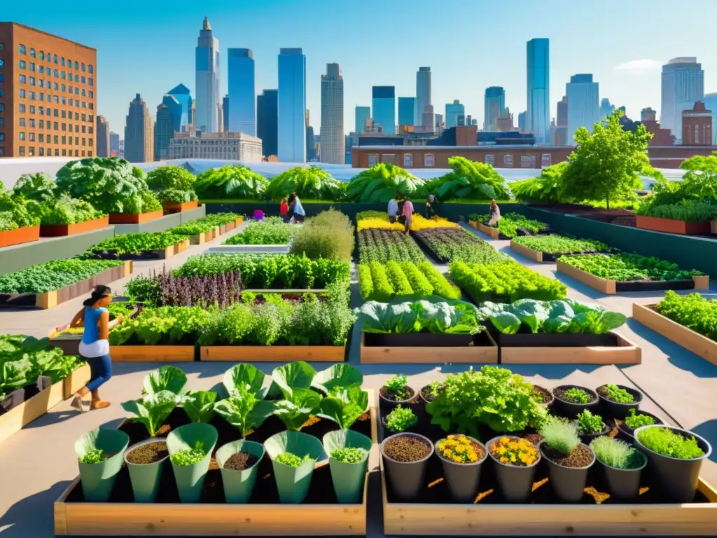 Un jardín en la azotea de la ciudad rebosa de vida, con vegetales y flores vibrantes