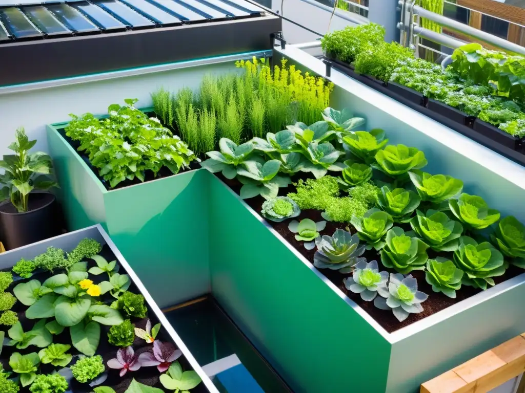 Jardín en la azotea de la ciudad con acuaponía y uso eficiente del agua de lluvia, contrastando naturaleza y vida urbana