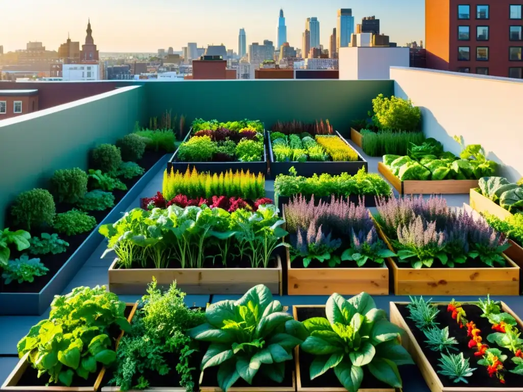 Un jardín en la azotea de la ciudad, con vegetales y hierbas coloridos