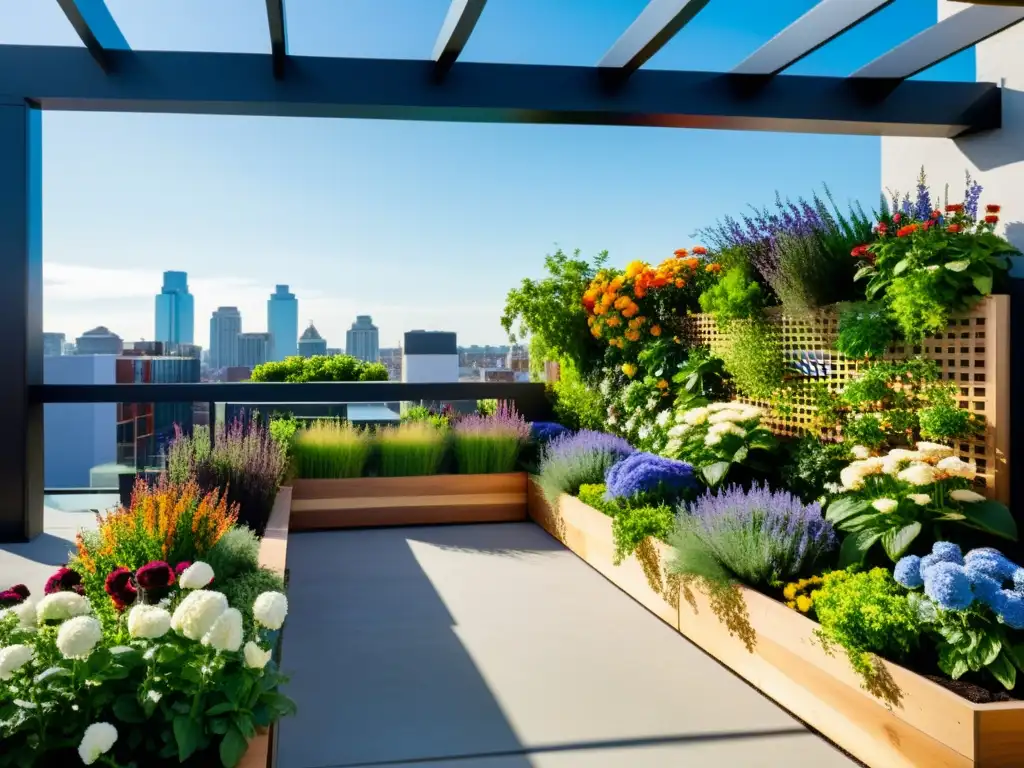 Un jardín en la azotea con huertos verticales para agricultura urbana, rebosante de flores, hierbas y vegetales