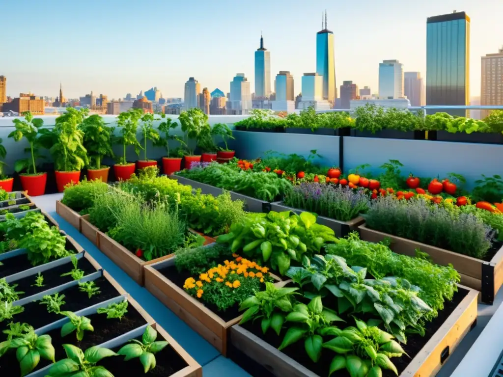 Jardín en la azotea con las mejores plantas huertos urbanos techos, exudando tranquilidad y sostenibilidad urbana