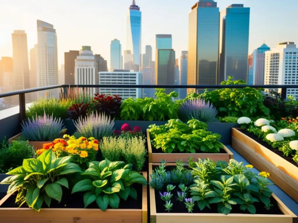 Un jardín en la azotea con las mejores plantas para huertos urbanos, con un diseño moderno y eficiente