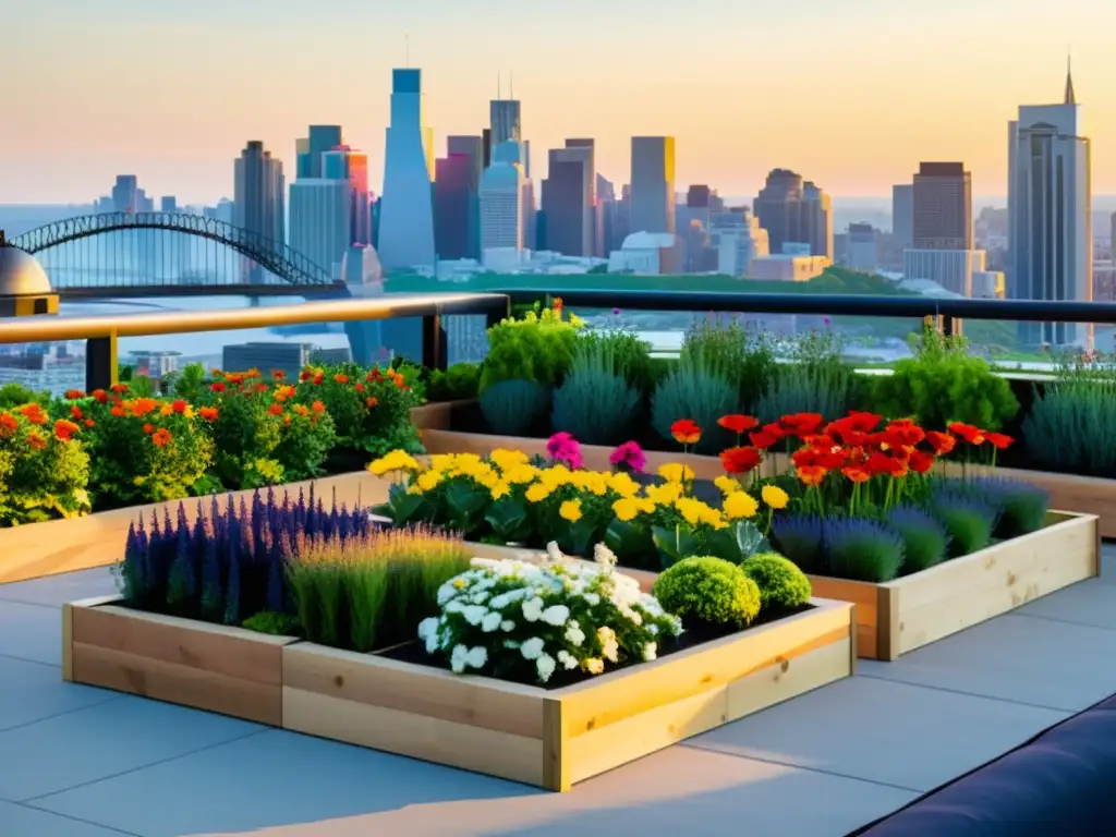 Un jardín en la azotea con modernas y vibrantes estructuras para huertos techos, integrando la naturaleza con la ciudad