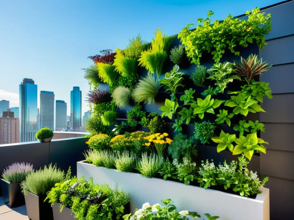 Un jardín de azotea moderno y deslumbrante con huertos verticales en azoteas rebosantes de vida, contrastando con la ciudad