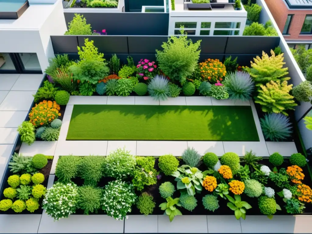 Un jardín de azotea moderno con vegetación exuberante y diseño contemporáneo, inspirando huertos urbanos en azoteas