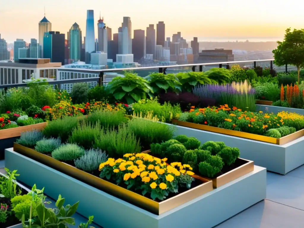 Jardín de azotea moderno lleno de vegetación exuberante y flores vibrantes, con la ciudad de fondo