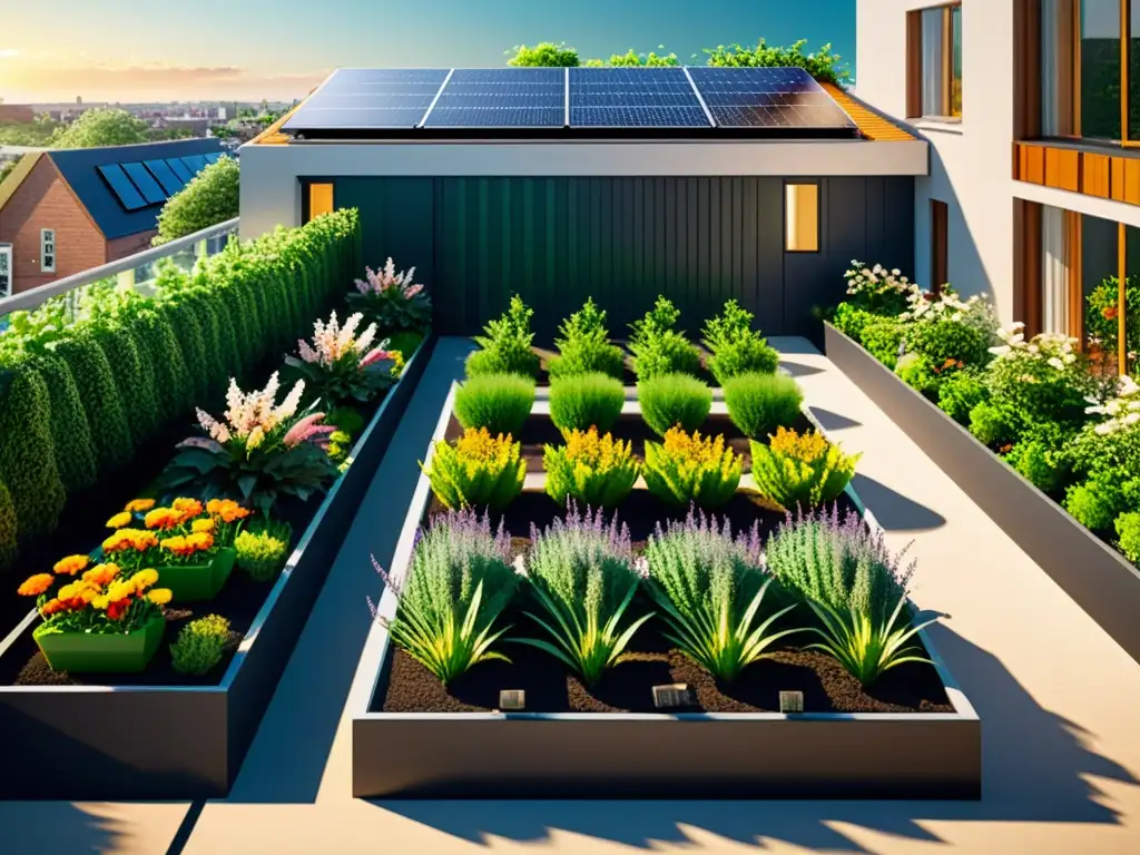 Jardín de azotea moderno con plantas verdes exuberantes, paneles solares, energía solar, huertos urbanos sostenibles