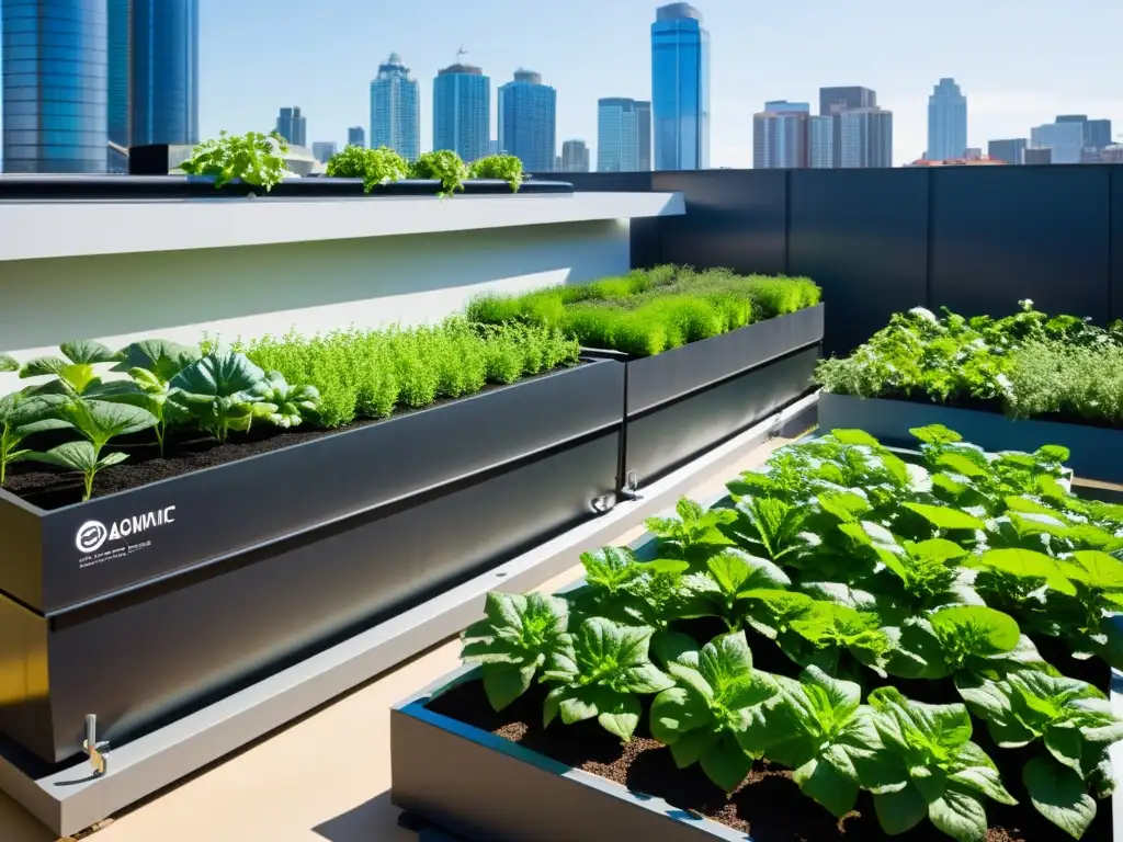 Un jardín de azotea moderno con sistemas acuapónicos y de recolección de agua de lluvia interconectados