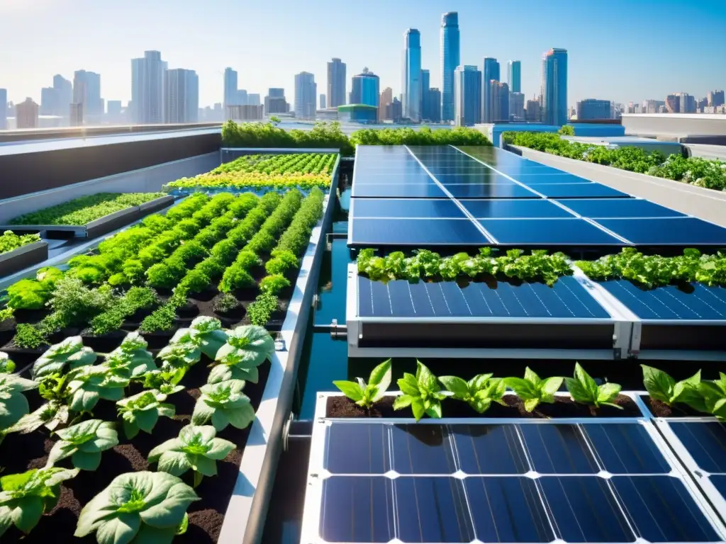 Un jardín en la azotea con plantas exuberantes en sistemas acuapónicos organizados, rodeado de paneles solares relucientes