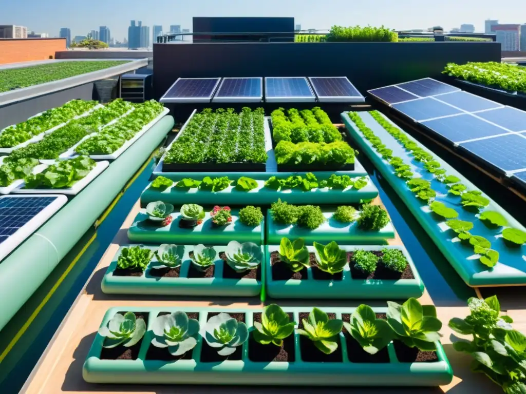 Un jardín en la azotea con plantas verdes en acuaponía y paneles solares brillantes