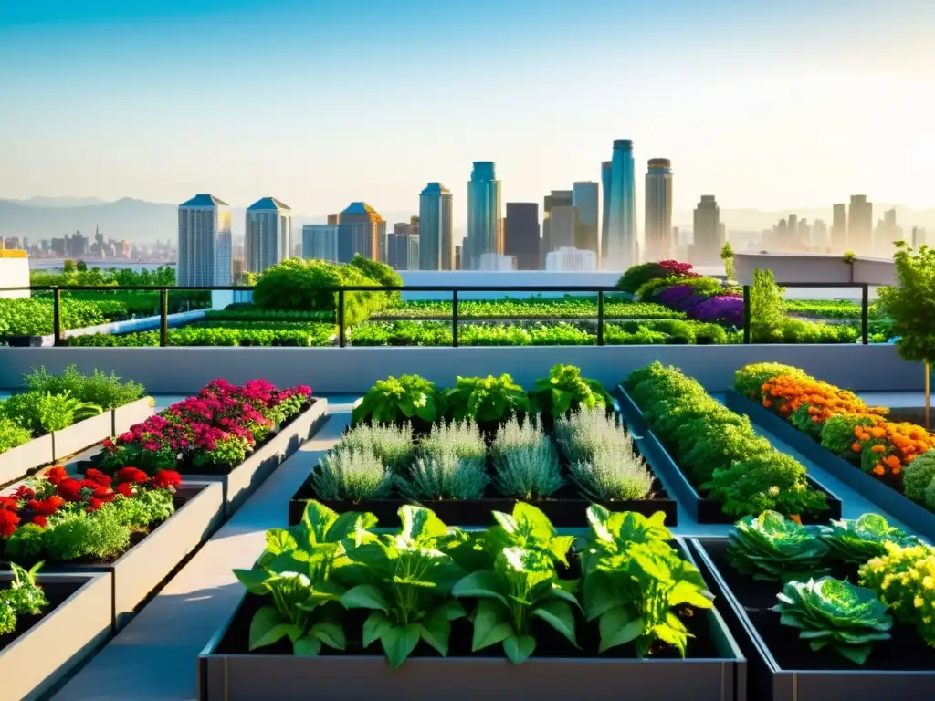 Un jardín en la azotea rebosante de vegetales y flores, regado por un avanzado sistema de riego