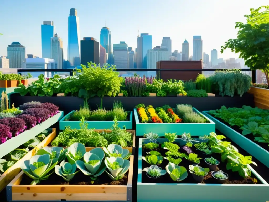 Un jardín en la azotea rebosante de vegetales y hierbas coloridos, bañado por la luz del sol