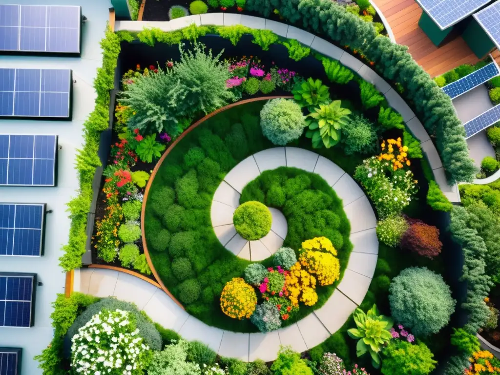 Un jardín en la azotea rebosante de vida y color, con senderos sinuosos y elementos sostenibles