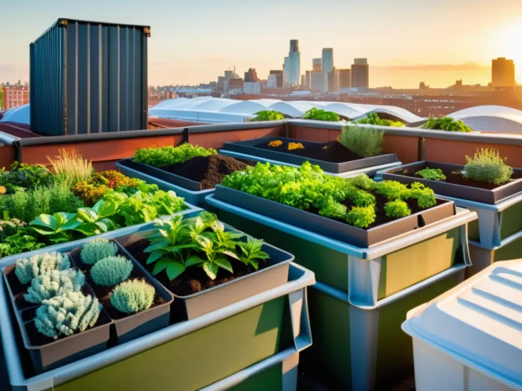 Un jardín en la azotea con gestión de residuos orgánicos y compostaje, reflejando prácticas sostenibles y naturaleza urbana