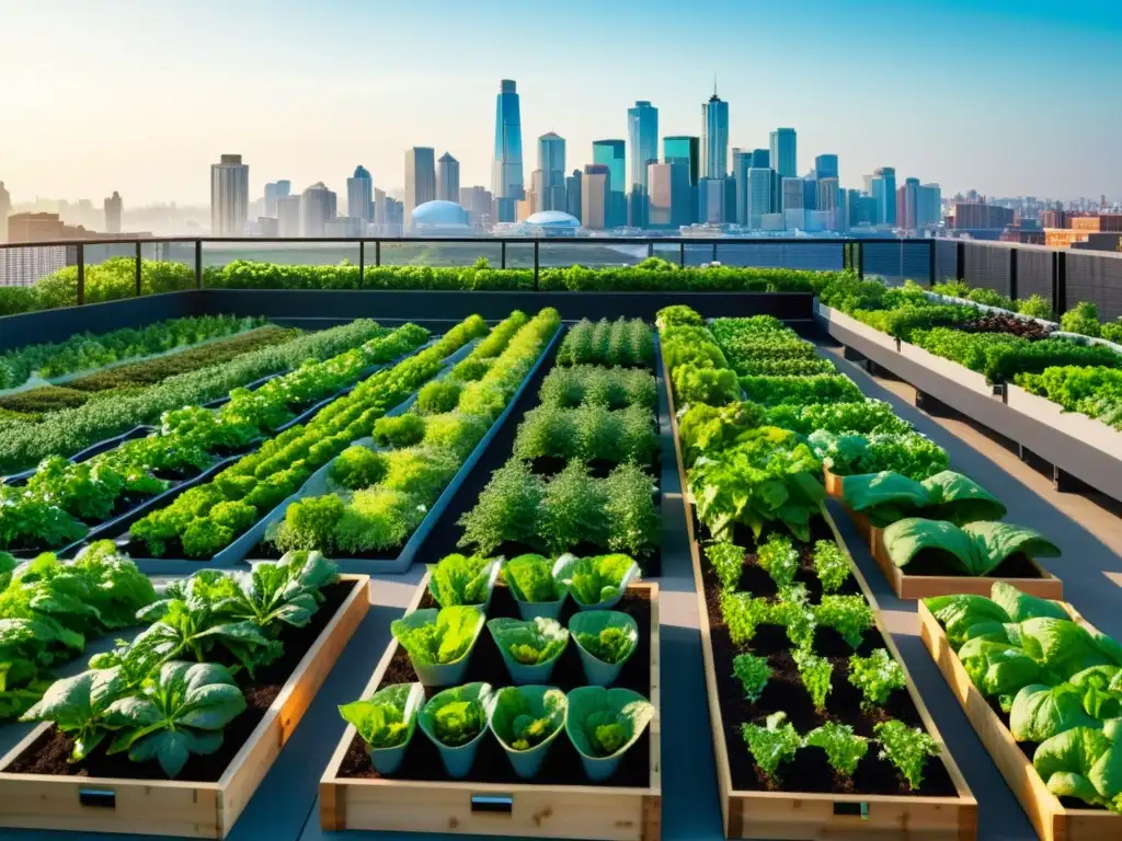 Jardín de la azotea urbana con cultivos y sistema de riego, mostrando la innovadora agricultura urbana