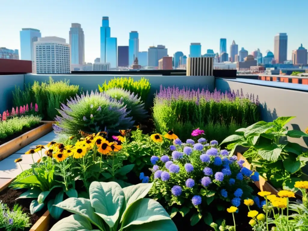 Jardín de biodiversidad en la azotea urbana con polinizadores y agricultura urbana