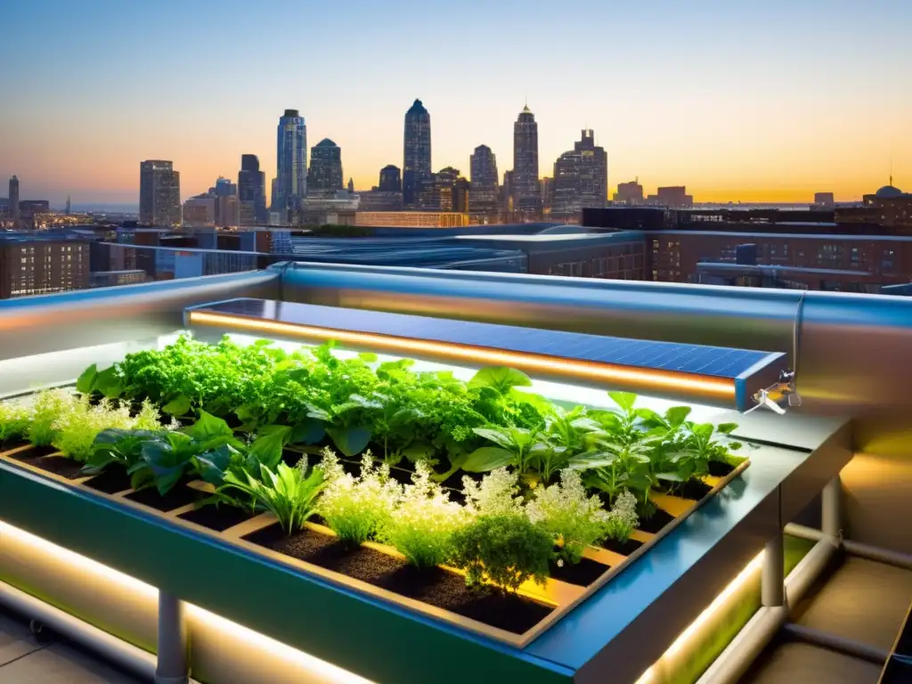 Un jardín en la azotea urbana rebosante de plantas verdes y acuarios vibrantes, iluminado por paneles solares