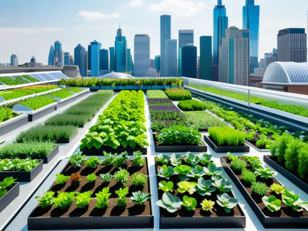 Un jardín en la azotea urbana con sensores para agricultura urbana captando datos entre plantas verdes y la ciudad de fondo