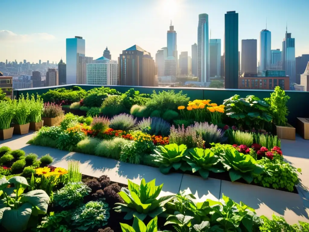 Jardín de azotea urbano con acuaponía en agricultura urbana: plantas exuberantes, flores coloridas y hortalizas en armonía con la ciudad