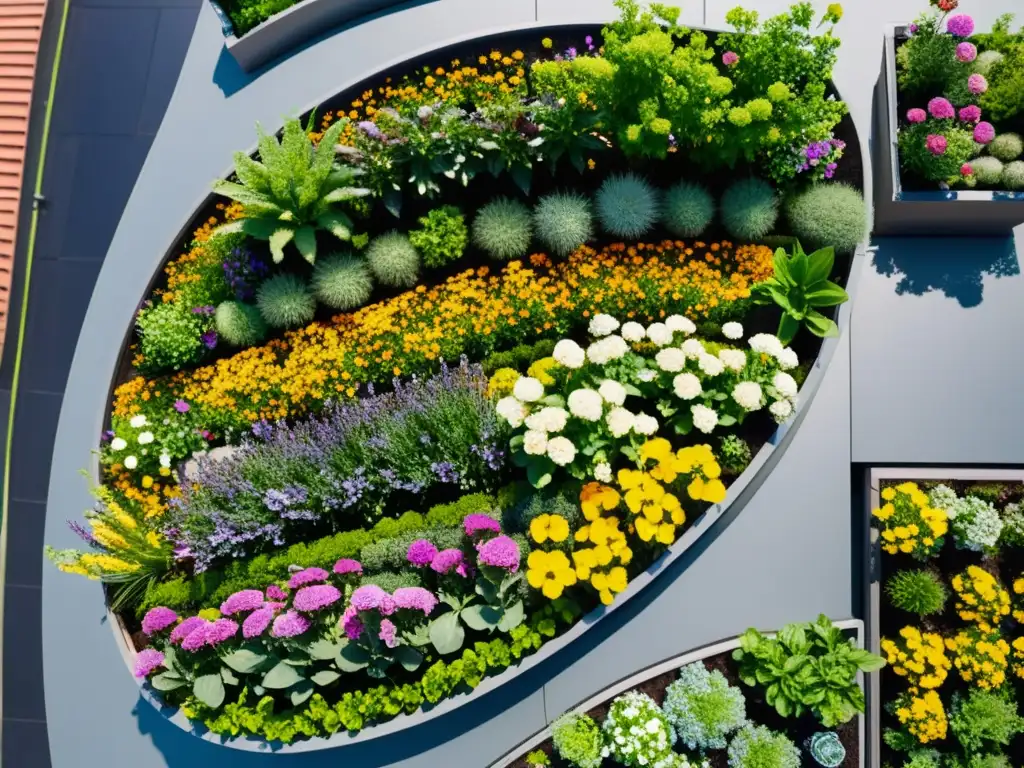 Un jardín de azotea urbano bullicioso con flores vibrantes, abejas y mariposas