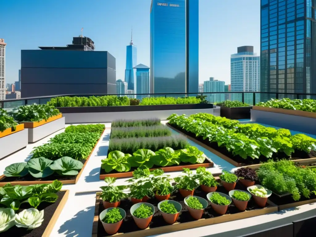 Un jardín de azotea urbano bullicioso con vegetación exuberante y cultivos diversos, rodeado de modernos rascacielos