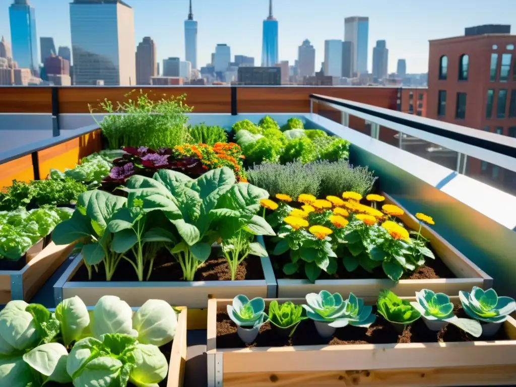 Un jardín de azotea urbano bullicioso con vegetales verdes, hierbas y flores coloridas