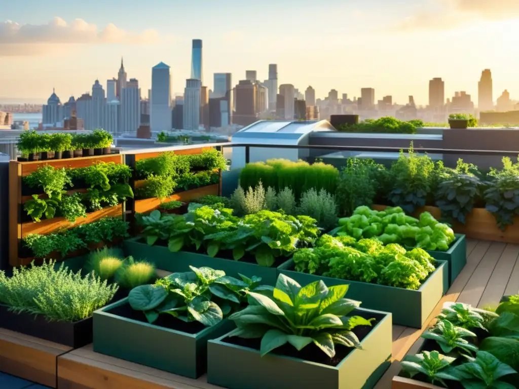 Un jardín de azotea urbano bullicioso, con verduras y hierbas en jardineras verticales