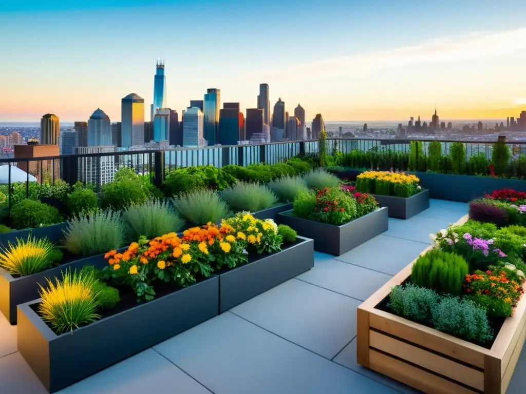 Un jardín de azotea urbano con diversa vegetación verde y coloridas flores, ciudad de fondo