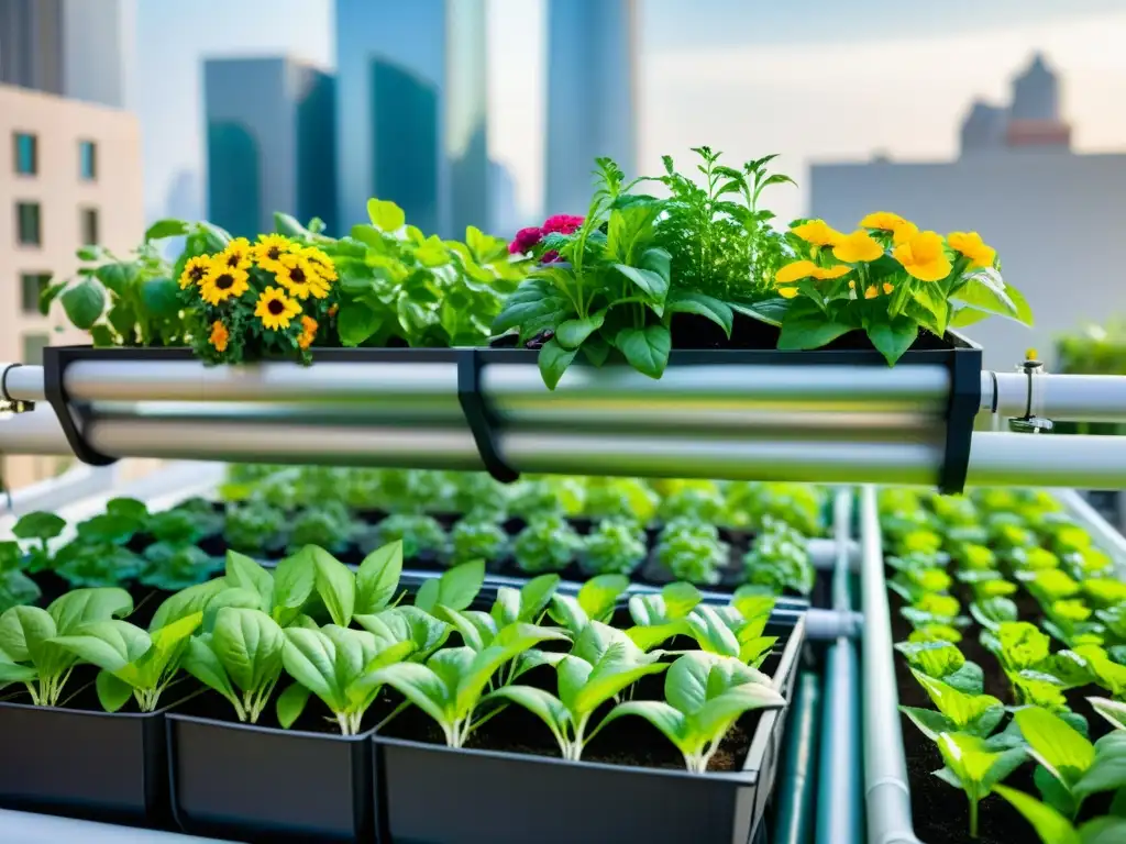 Un jardín de azotea urbano con sistema de riego por goteo en acuaponía urbana, mostrando plantas vibrantes y eficiencia en el diseño contemporáneo