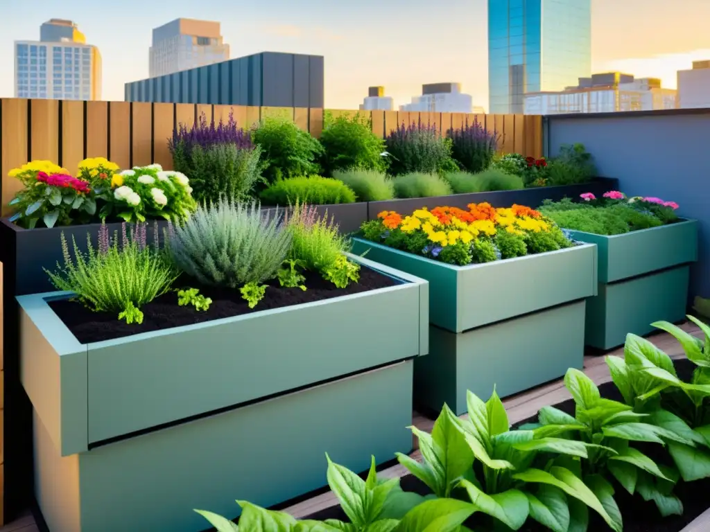 Un jardín de azotea urbano vibrante con plantas exuberantes y flores coloridas, rodeado de contenedores de compostaje urbano para huertos verticales