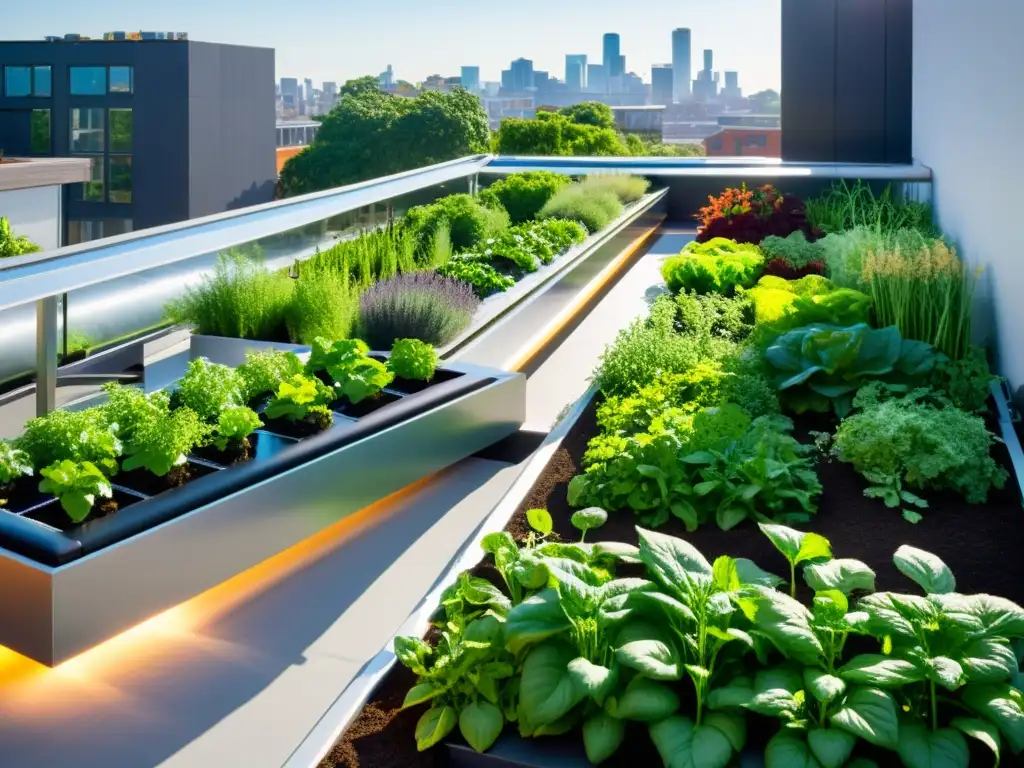 Jardín en la azotea con acuaponía y uso eficiente del agua de lluvia en arquitectura moderna y vegetales vibrantes