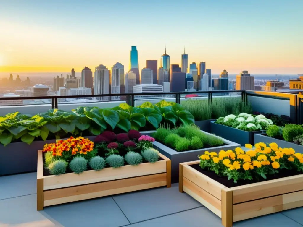 Jardín de la azotea con vegetales y flores coloridas en modernas jardineras, creando un oasis urbano