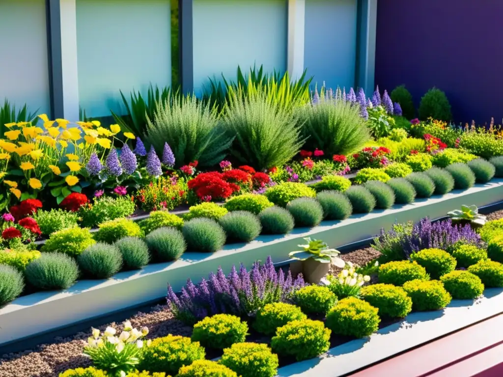 Un jardín de azotea verde vibrante y moderno, lleno de plantas exuberantes y flores en patrones geométricos