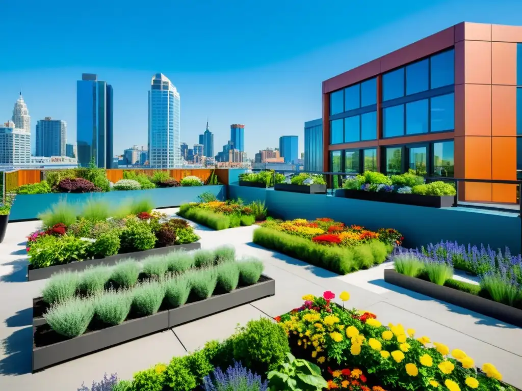 Jardín de azotea vibrante en la ciudad, con plantas exuberantes y flores coloridas