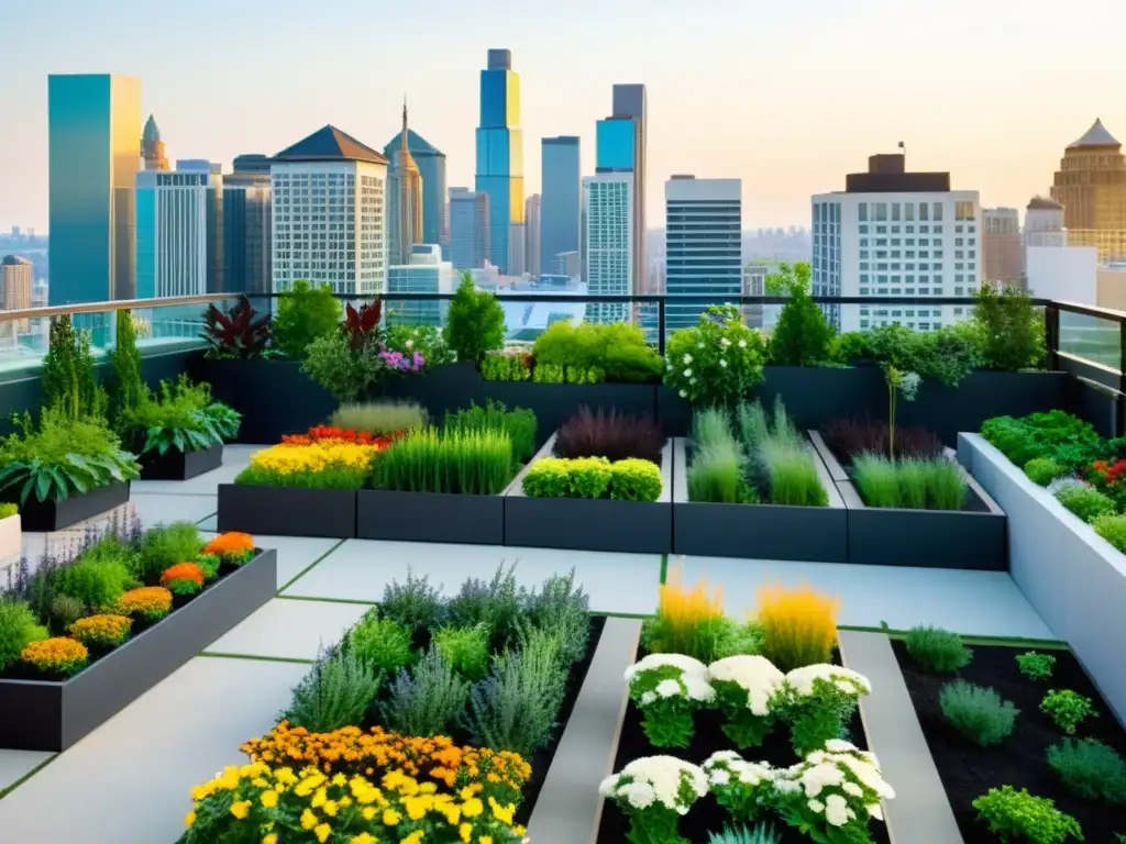 Un jardín de azotea vibrante y moderno con vegetación exuberante, flores coloridas y huertos urbanos, creando una atmósfera inspiradora