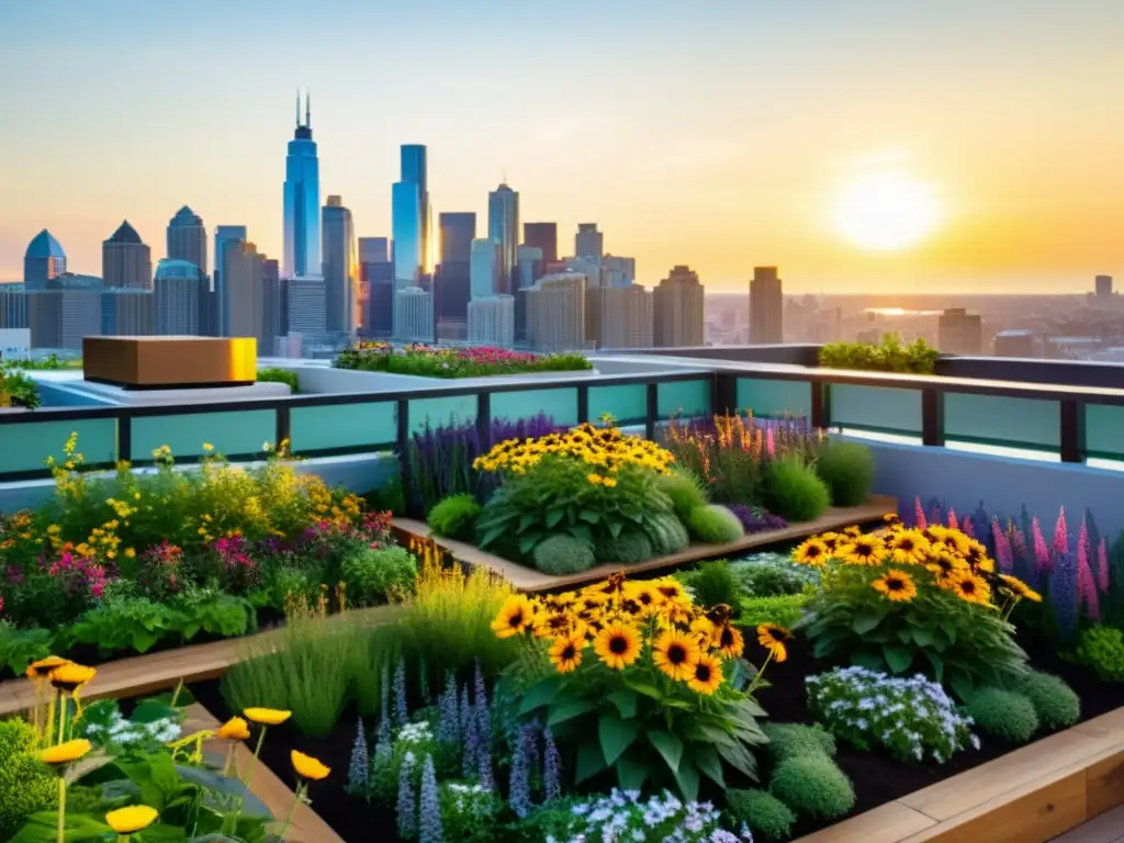 Un jardín de azotea vibrante y moderno lleno de exuberante vegetación y coloridas flores silvestres