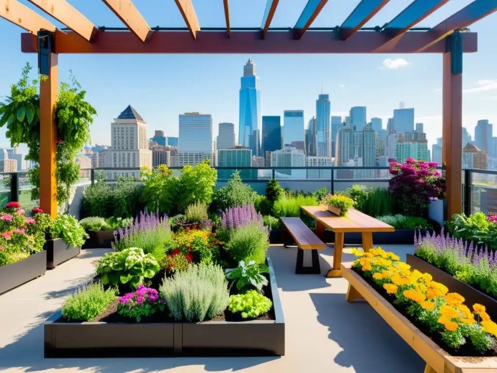 Un jardín de azotea vibrante y moderno, lleno de vegetación exuberante y flores coloridas, con la ciudad de fondo