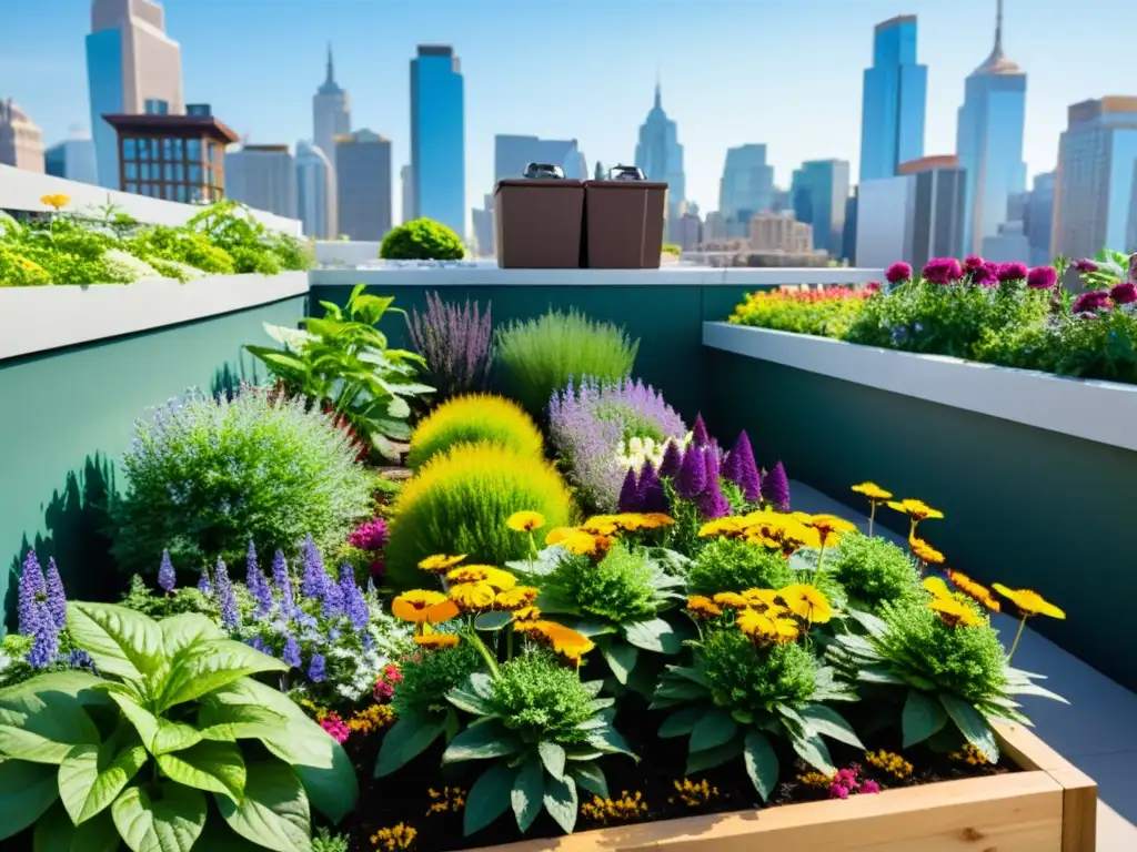 Un jardín de azotea vibrante y moderno, con plantas exuberantes y flores coloridas, abejas y mariposas