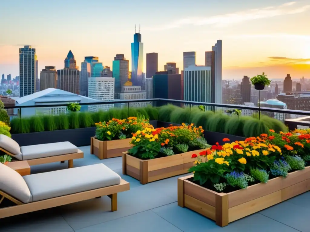 Un jardín en azotea vibrante y moderno, con plantas exuberantes y flores coloridas en macetas elevadas, en contraste con la ciudad