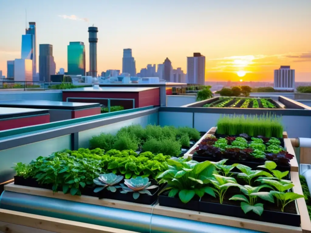 Un jardín de azotea vibrante y moderno con un sistema de acuaponía próspero