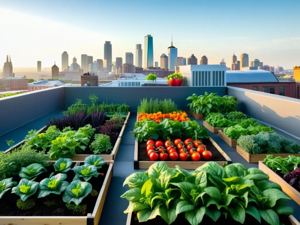 Un jardín de azotea vibrante y moderno, con vegetales y hierbas coloridos con el horizonte urbano de fondo