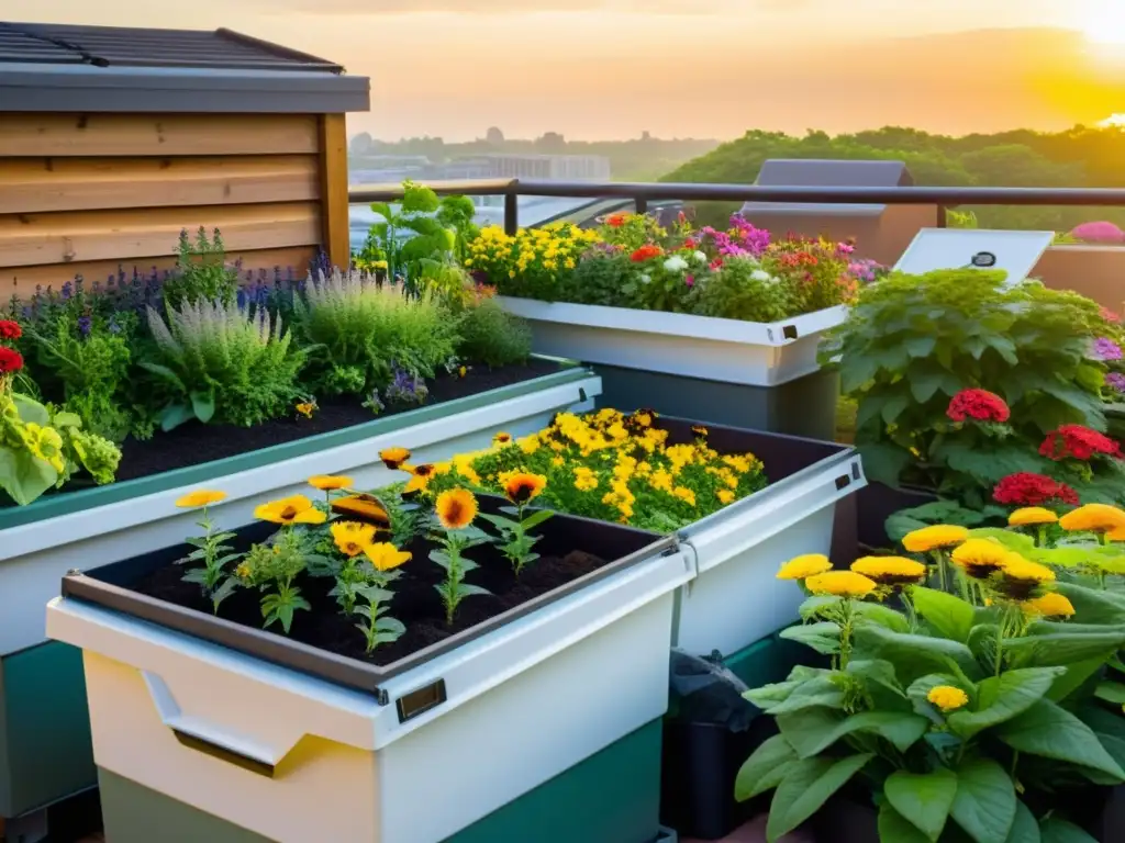 Un jardín de azotea vibrante con plantas exuberantes y flores coloridas, gestión de residuos orgánicos y un ambiente sereno al atardecer