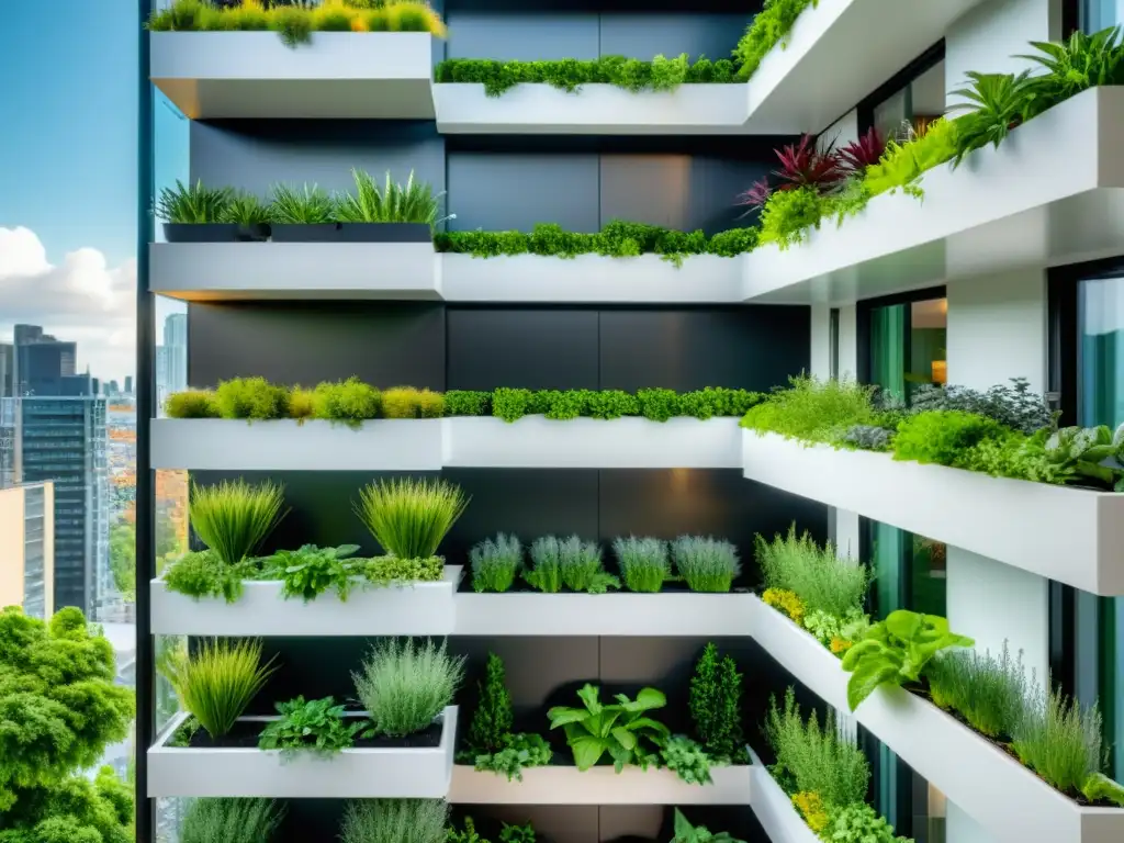 Un balcón moderno con huertos verticales para agricultura urbana, destacando la belleza y practicidad de la jardinería vertical