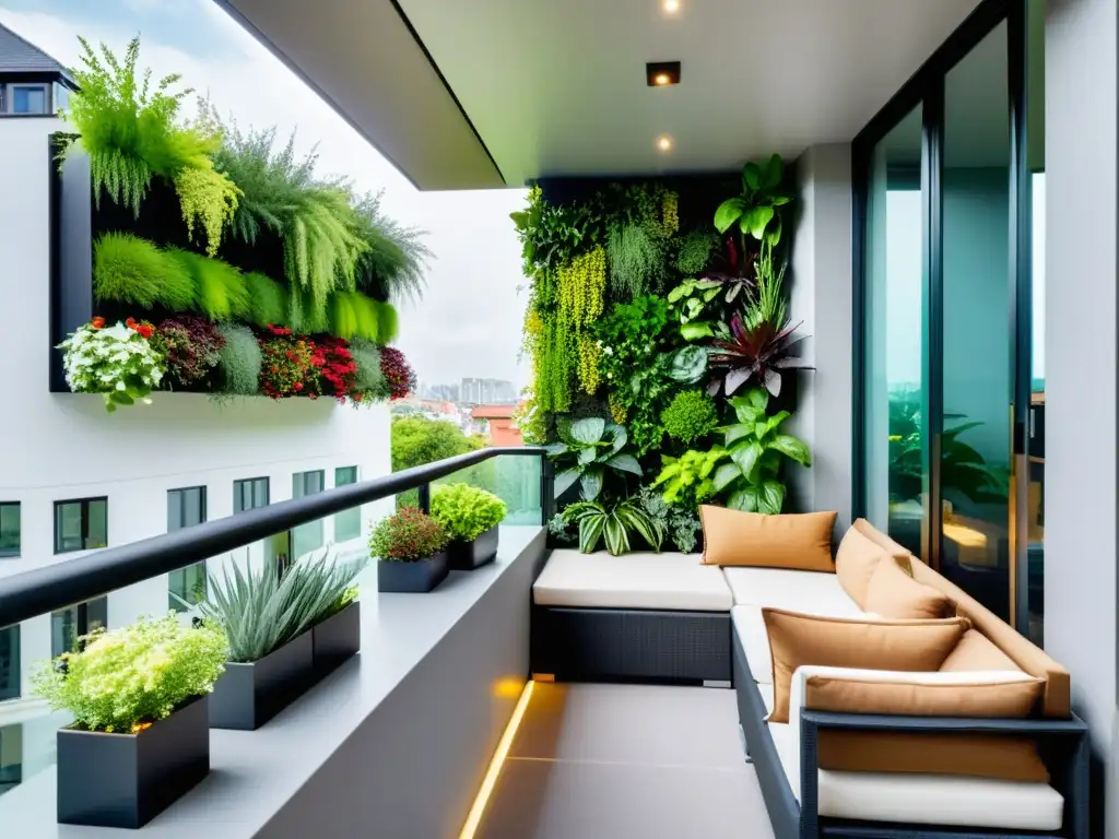 Un balcon moderno con huertos verticales en espacios urbanos, creando un oasis verde en la ciudad