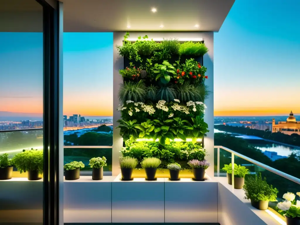 Un balcón moderno con huertos verticales inteligentes automatizados, integrando tecnología y naturaleza en espacios urbanos