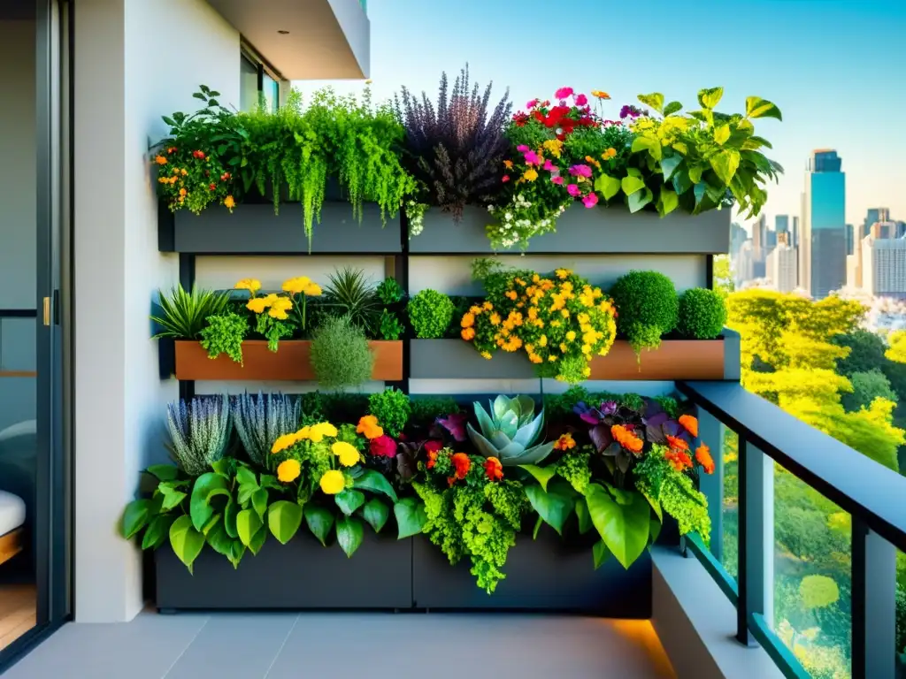 Un balcón moderno con huertos verticales sostenibles, lleno de vegetación exuberante y flores coloridas, integrando la naturaleza en la vida urbana