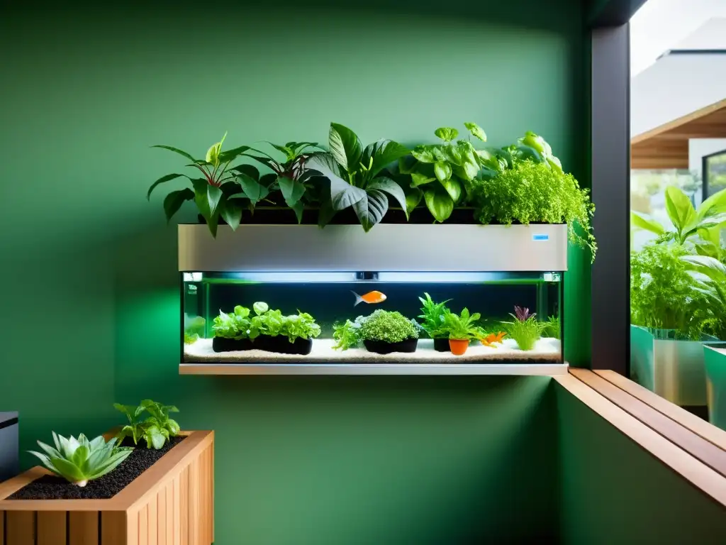 Un balcón moderno con un sistema de acuaponía, integrando plantas verdes y peces en un entorno urbano